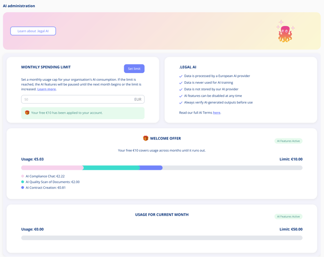 AI administration page with the monthly spending limit, the welcome offer and usage broken down per AI feature