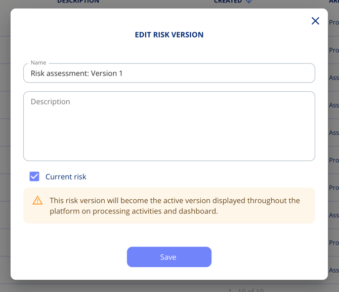 Edit risk version dialogue with the Current risk tick box and a warning that this version becomes the active one