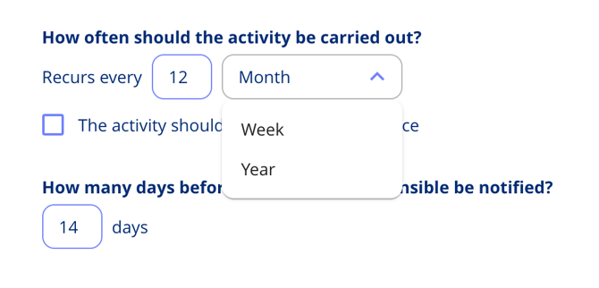 Activity frequency set in weeks, months or years