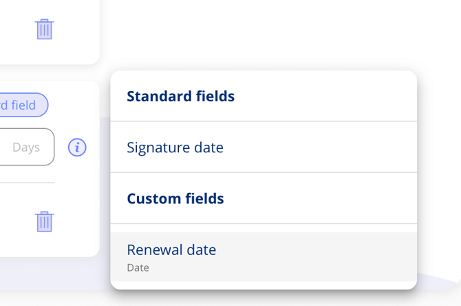 Add field menu listing the fields that can be added, grouped under Standard fields and Custom fields