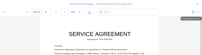 Document viewer on a contract with the Find obligations with AI icon and its tooltip at the top right