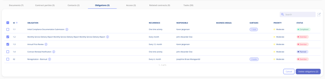 Obligations list in selection mode with two rows ticked and a Delete obligations button