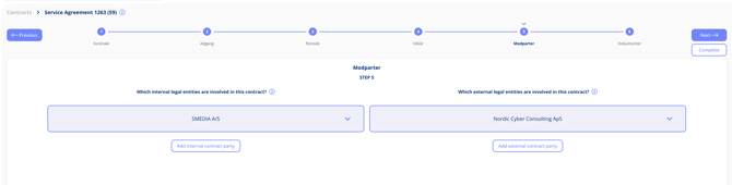 Contract parties step of the contract flow, with internal and external legal entities in two separate lists, each with its own add button