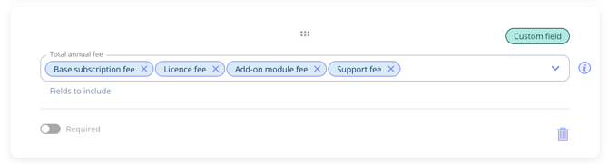 Calculated field on a contract template, with the four amount fields it sums listed under Fields to include