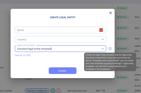 Create legal entity dialogue with fields for name, country and legal entity template, and a tooltip explaining that your own templates need the Templates and custom fields add-on