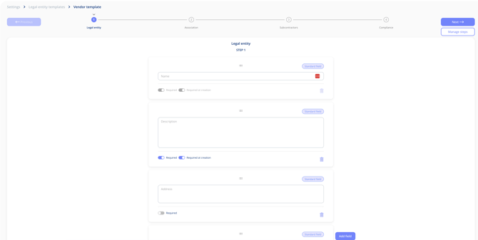 Vendor template open on step 1 of 4 (Legal entity, Association, Subcontractors, Compliance), with Required and Required at creation toggles on the fields and the Manage steps and Add field buttons