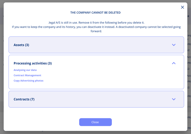 Dialogue listing the assets, processing activities and contracts that block deletion