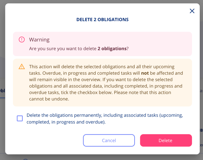 Delete obligations dialogue warning which tasks are affected, with the tick box for deleting everything permanently