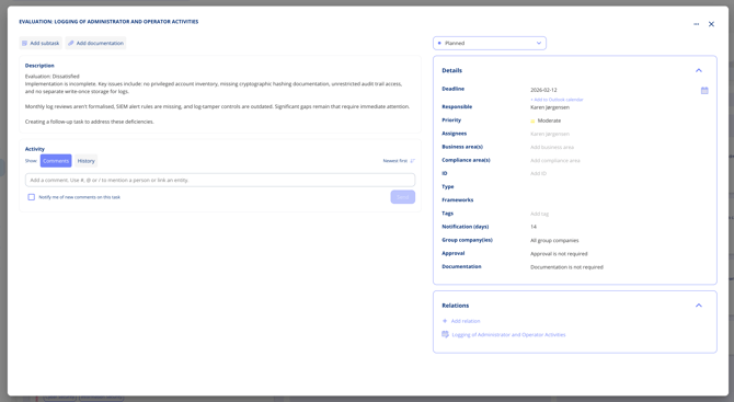 A created evaluation task with the evaluation text as its description and the primary task in its relations box