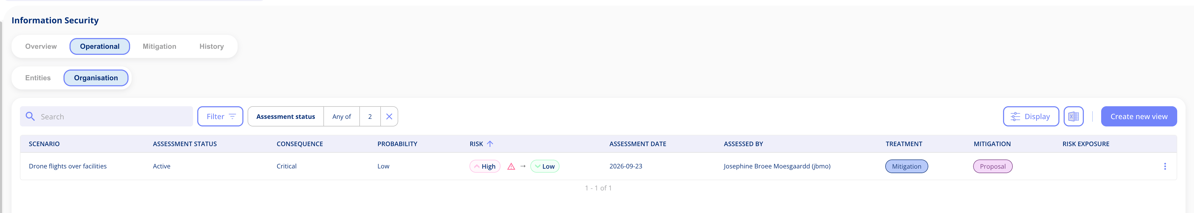 Operational tab of the Information Security risk area with Organisation selected, listing the scenario Drone flights over facilities at high risk, falling to low after mitigation