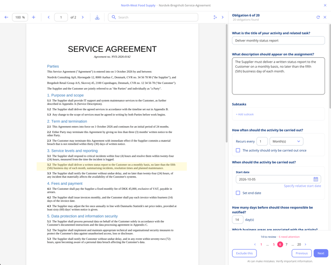 Suggestion 6 of 20 in the review panel beside the document, with title, description, recurrence and start date, and the matching clause highlighted in the contract