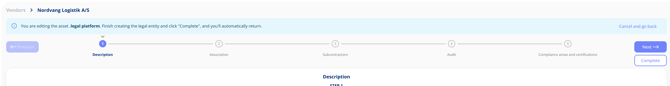Vendor creation flow with a banner offering to return to the asset being edited