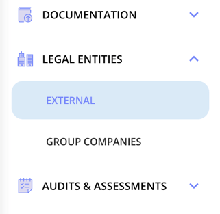 Legal entities menu expanded, with External selected and Group companies below it
