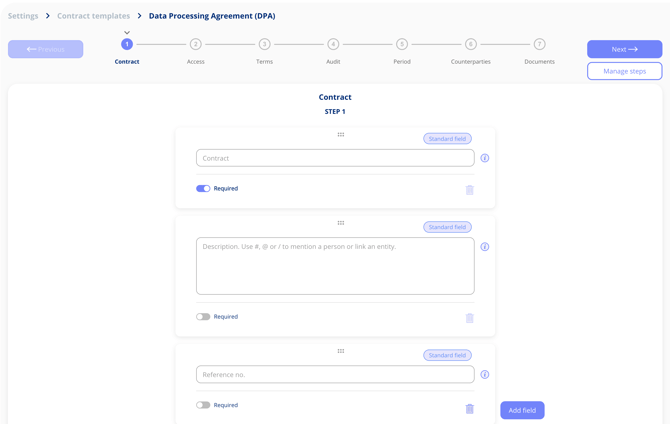 Step 1 of a contract template, with each field labelled Standard field and showing a Required toggle and a bin icon, and the Manage steps and Add field buttons