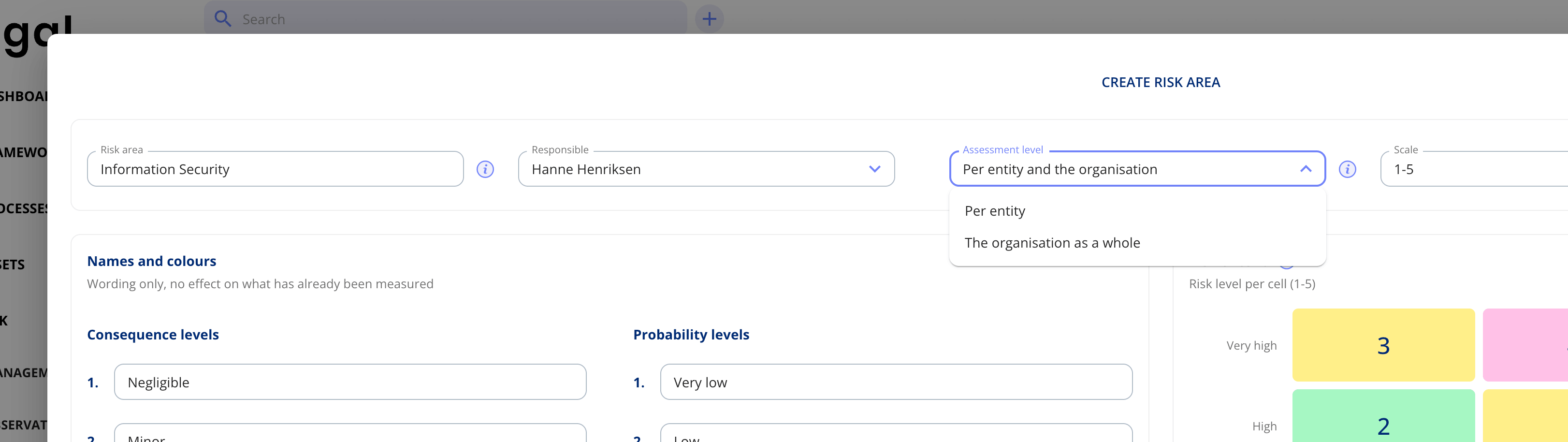 Create risk area dialogue with the Assessment level field open, offering Per entity, The organisation as a whole and Per entity and the organisation