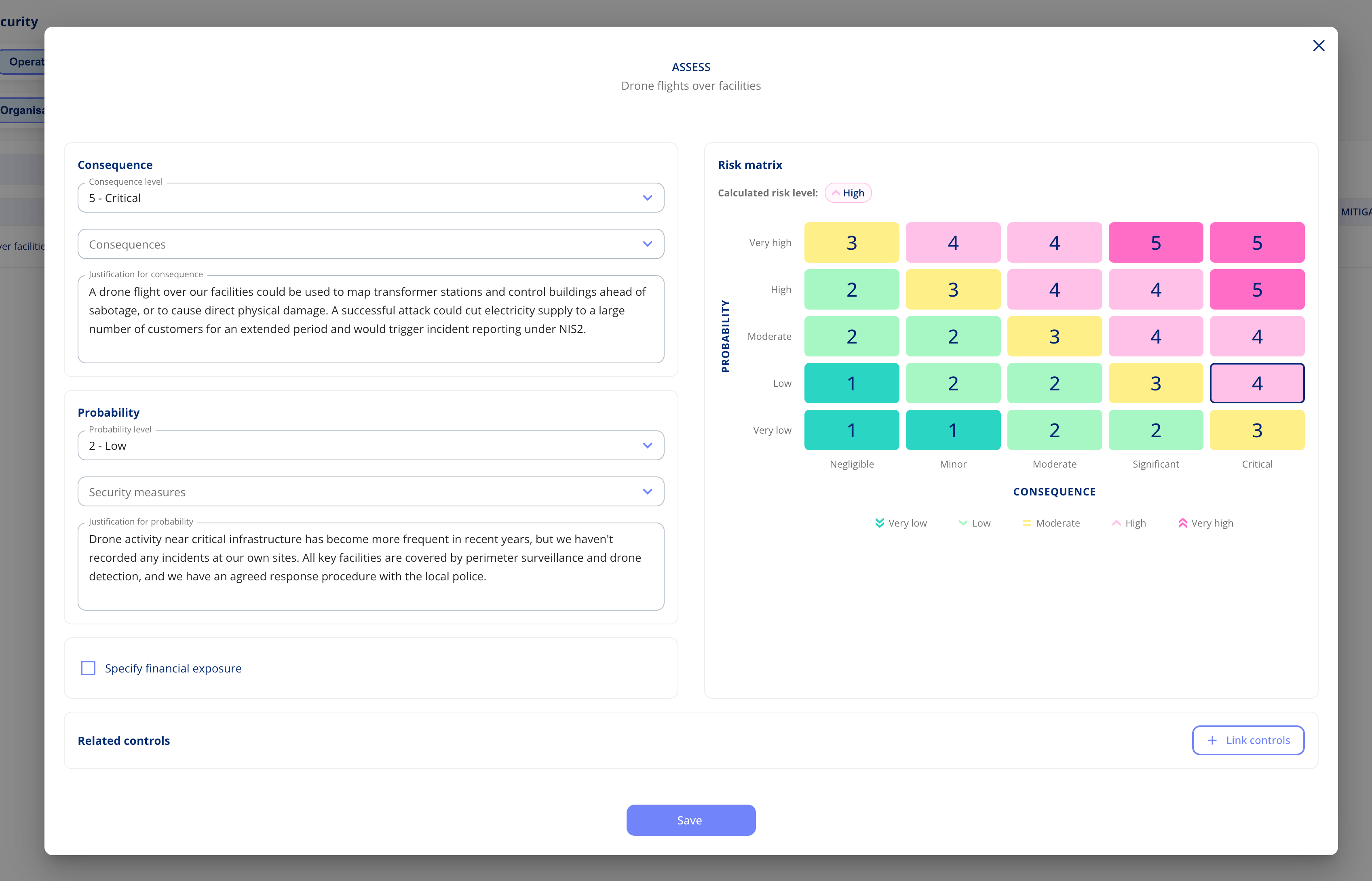 Assess dialogue for Drone flights over facilities with a critical consequence, low probability, written justifications and the risk matrix giving a high risk level