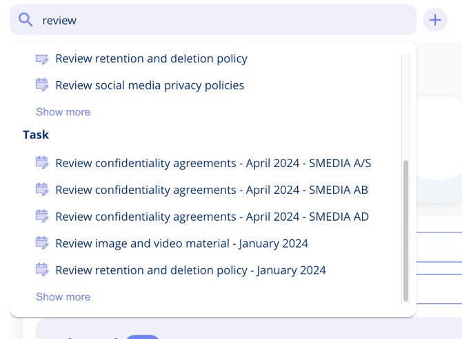 Free text search results grouped by entity type with tasks among them