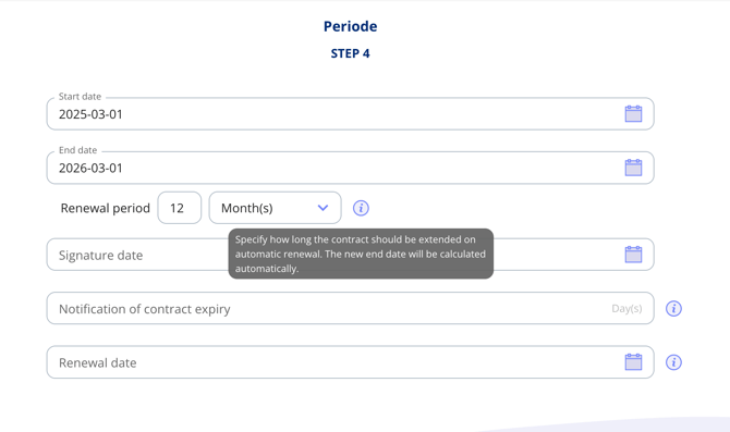 Set renewal period on contract