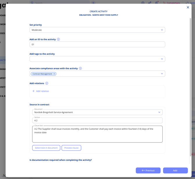 Source in contract section of an obligation, with the document, section and clause text fields and the Select text in document and Preview clause buttons