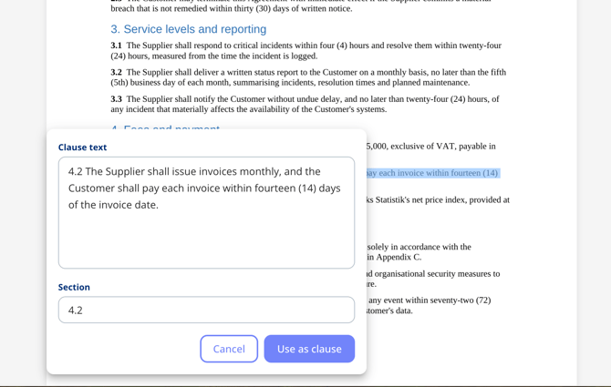 Clause text dialogue holding the selected passage and a suggested section number, over the document with the selection highlighted