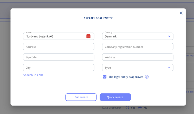 Create legal entity dialogue with Full create and Quick create buttons