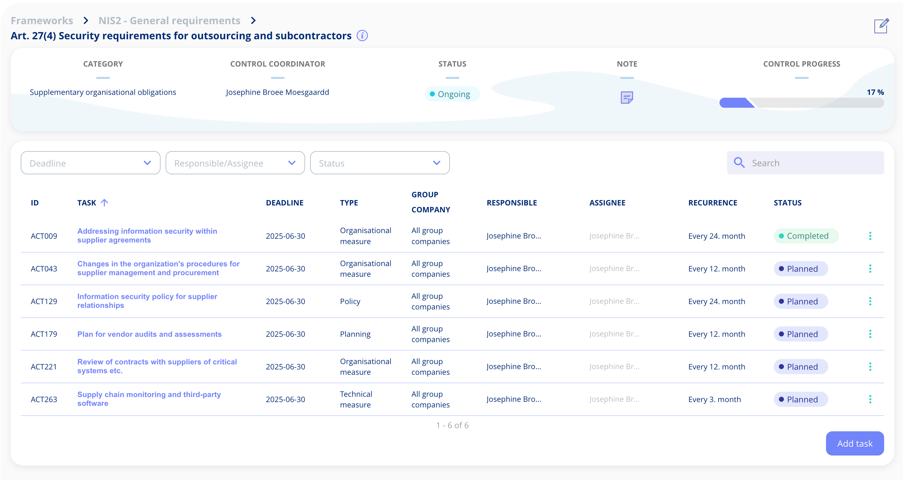 Viewing and managing tasks within a control