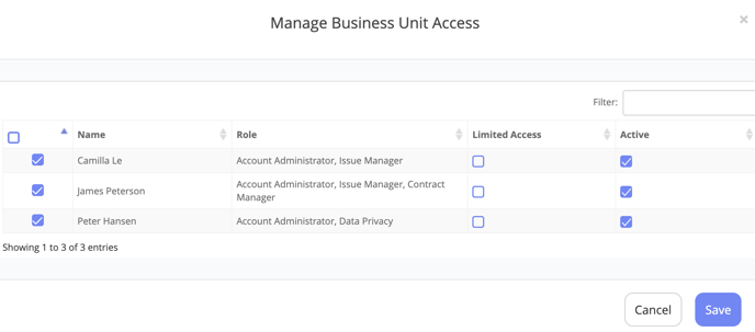 Manage business unit access - PACTIUS