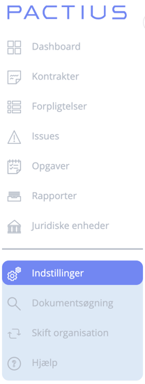 Menupunkt indstillinger i PACTIUS