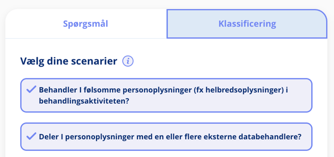 Udvælgelse af de scenarier, der skal måles på til klassificeringen af dine behandlingsaktiviteter 