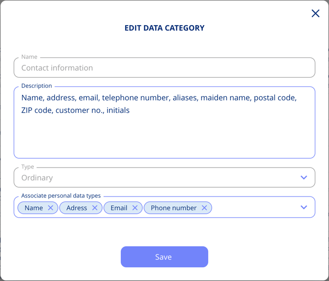 Data categories under master data with personal data types mapped to a category